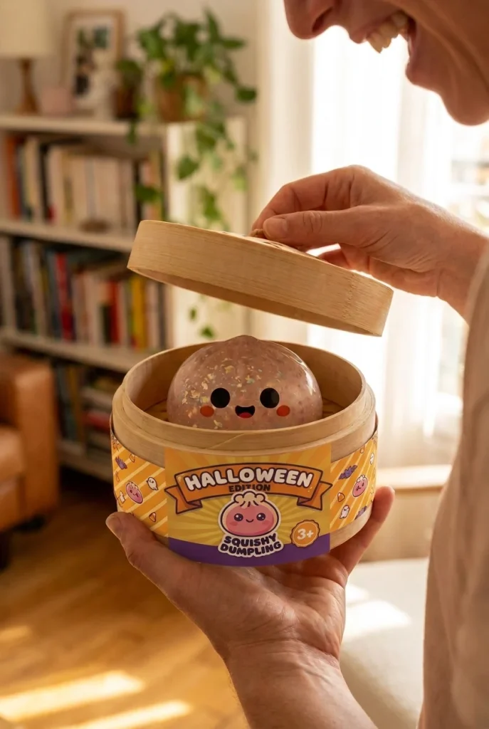 Dumpling Squishy Spook Halloween Glitter Zilver tijdens het uitpakken