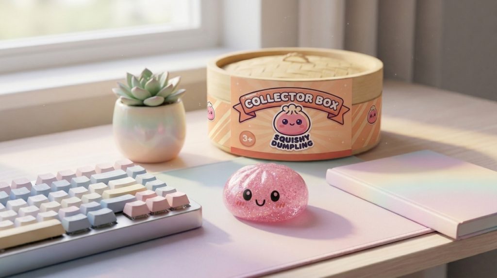 Glitter Dumpling Squishy Set van 6 in zijn kawaii omgeving