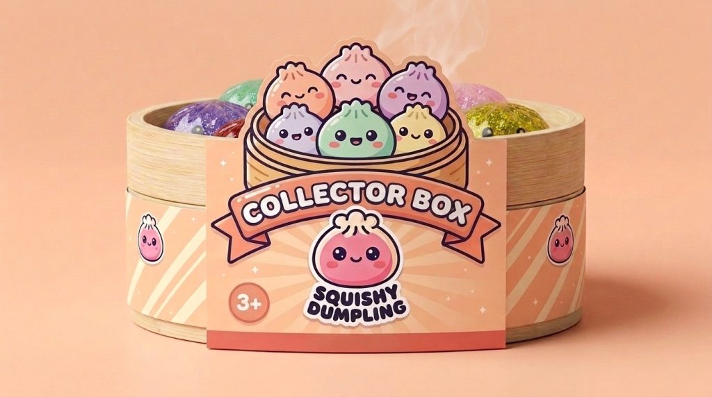 Glitter Dumpling Squishy Set van 6 in het bamboe stoommandje
