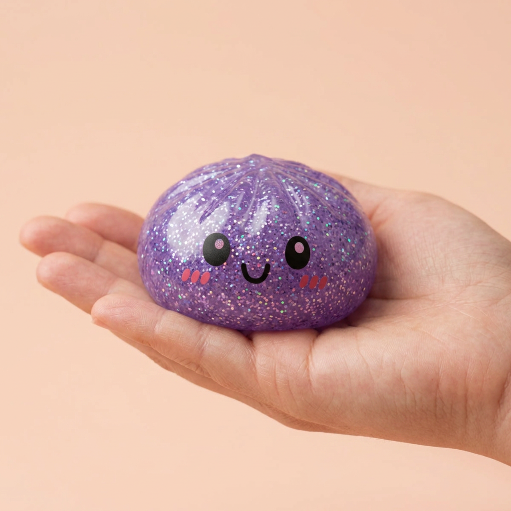 Glitter Dumpling Squishy Set van 6 in de hand gehouden, echte grootte