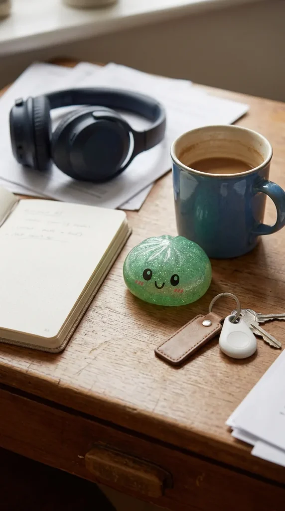 Glitter Dumpling Squishy Set van 6 op het bureau