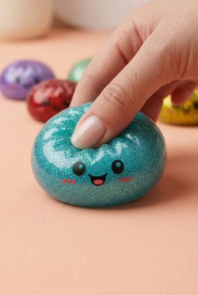 Glitter Dumpling Squishy Set van 6 tijdens het knijpen
