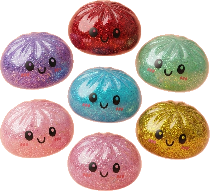 Glitter Dumpling Squishy Set van 6 tijdens het knijpen, zacht materiaal