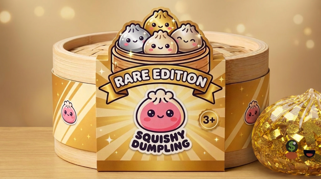 Gold Dumpling Squishy Zeldzame Editie in zijn kawaii omgeving