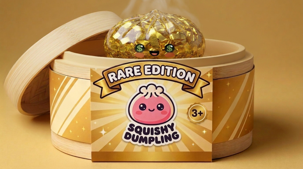 Gold Dumpling Squishy Zeldzame Editie in het bamboe stoommandje