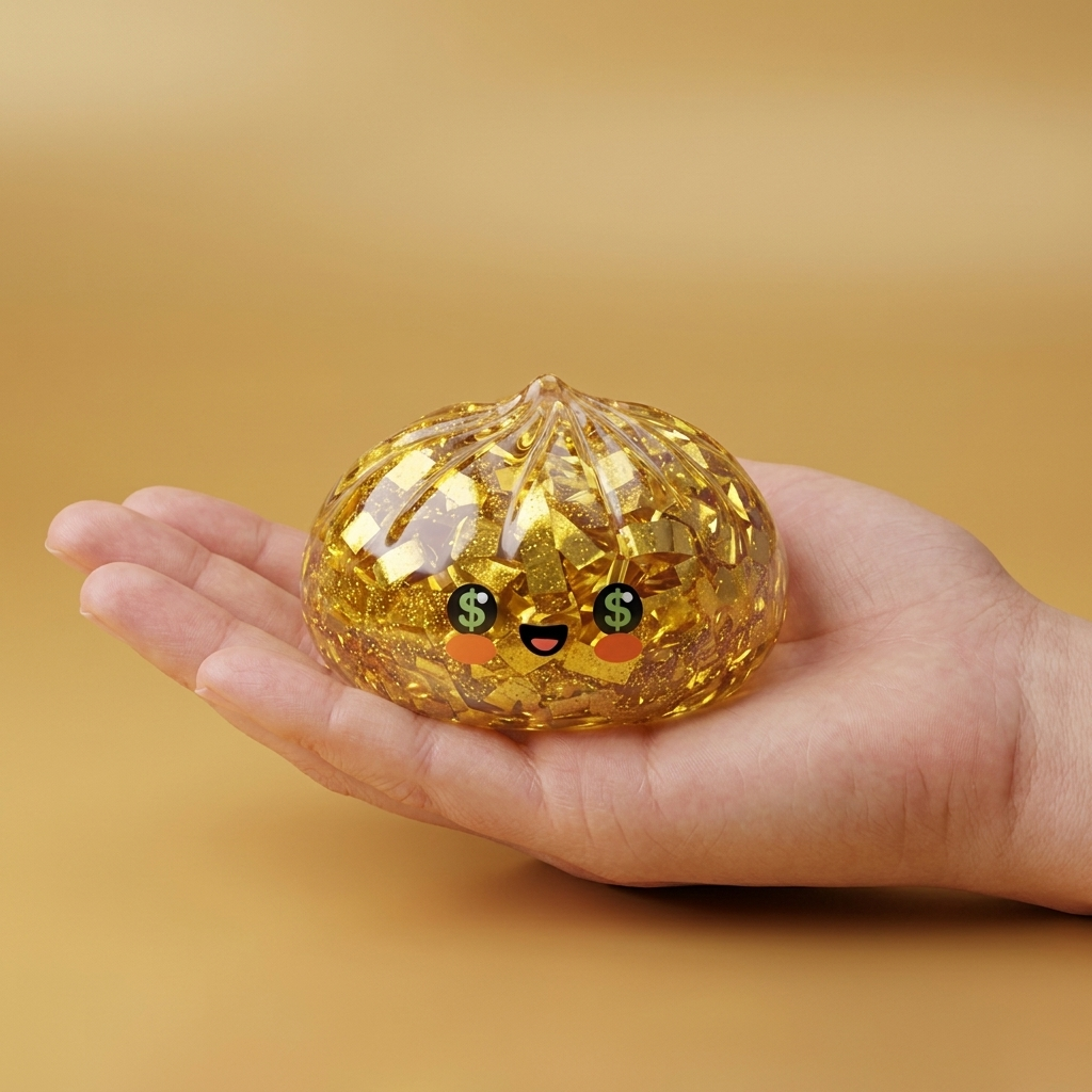 Gold Dumpling Squishy Zeldzame Editie in de hand gehouden, echte grootte