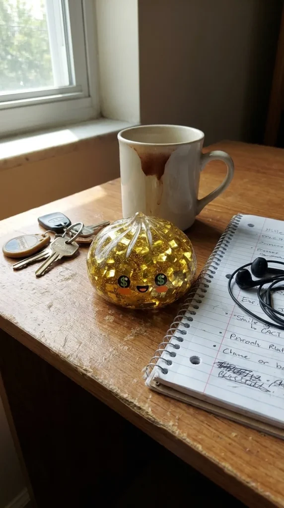 Gold Dumpling Squishy Zeldzame Editie op het bureau