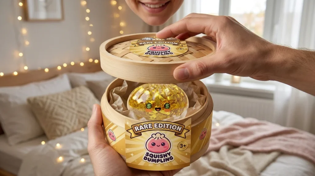 Gold Dumpling Squishy Zeldzame Editie tijdens het uitpakken