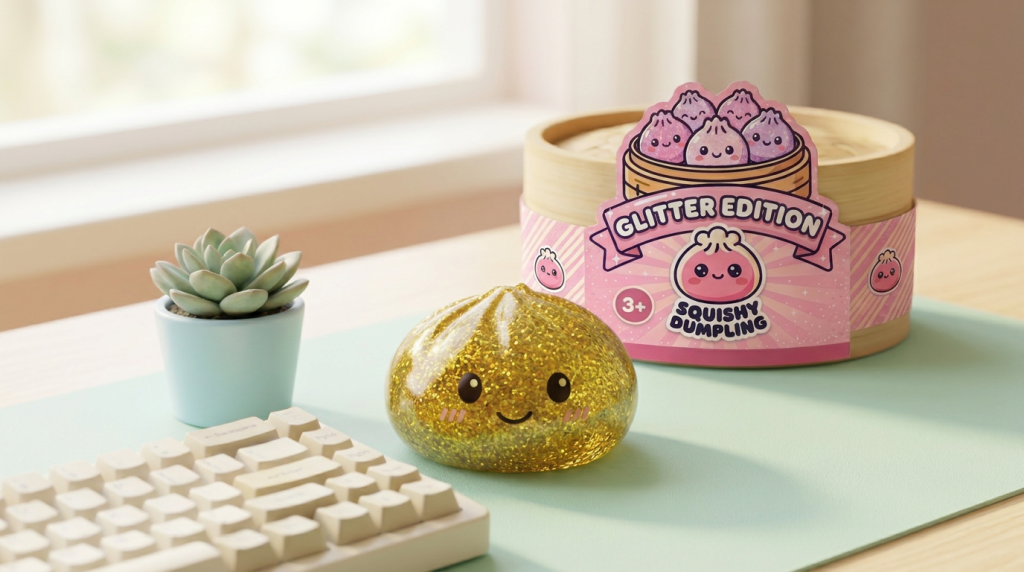 Glitter Dumpling Squishy Gold Luxe in zijn kawaii omgeving