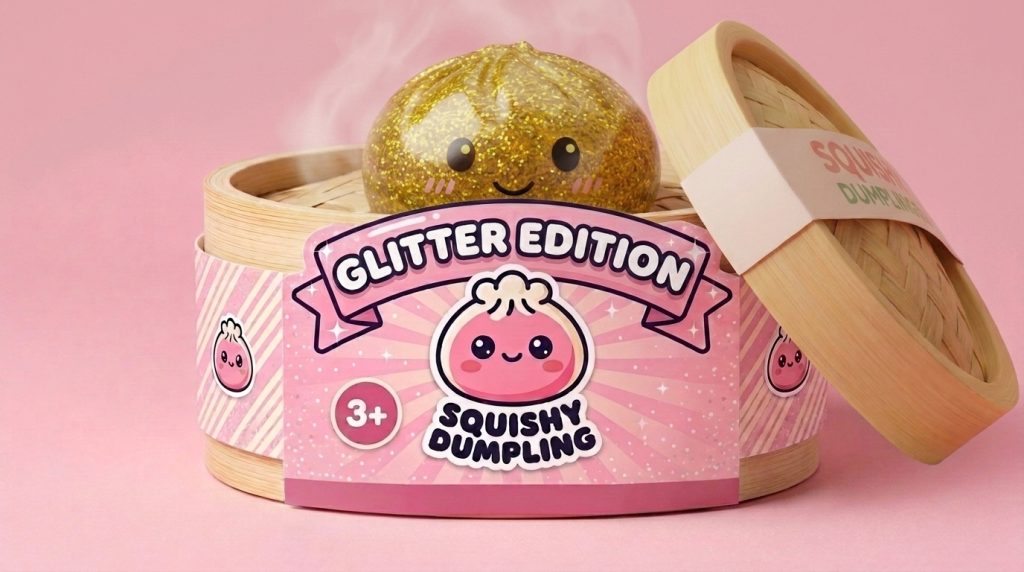 Glitter Dumpling Squishy Gold Luxe in het bamboe stoommandje