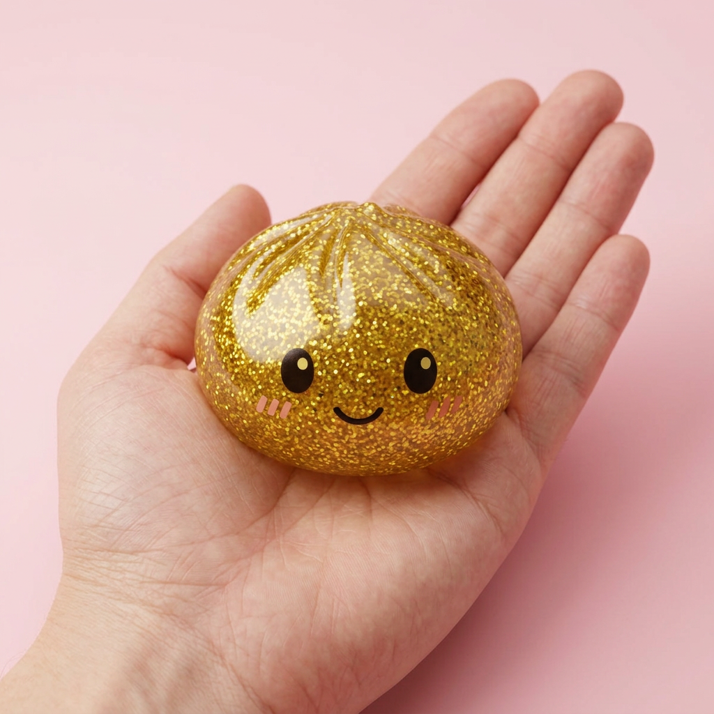 Glitter Dumpling Squishy Gold Luxe in de hand gehouden, echte grootte