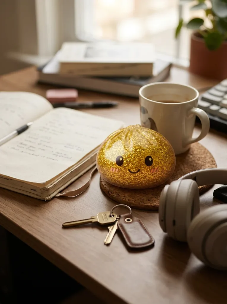 Glitter Dumpling Squishy Gold Luxe op het bureau