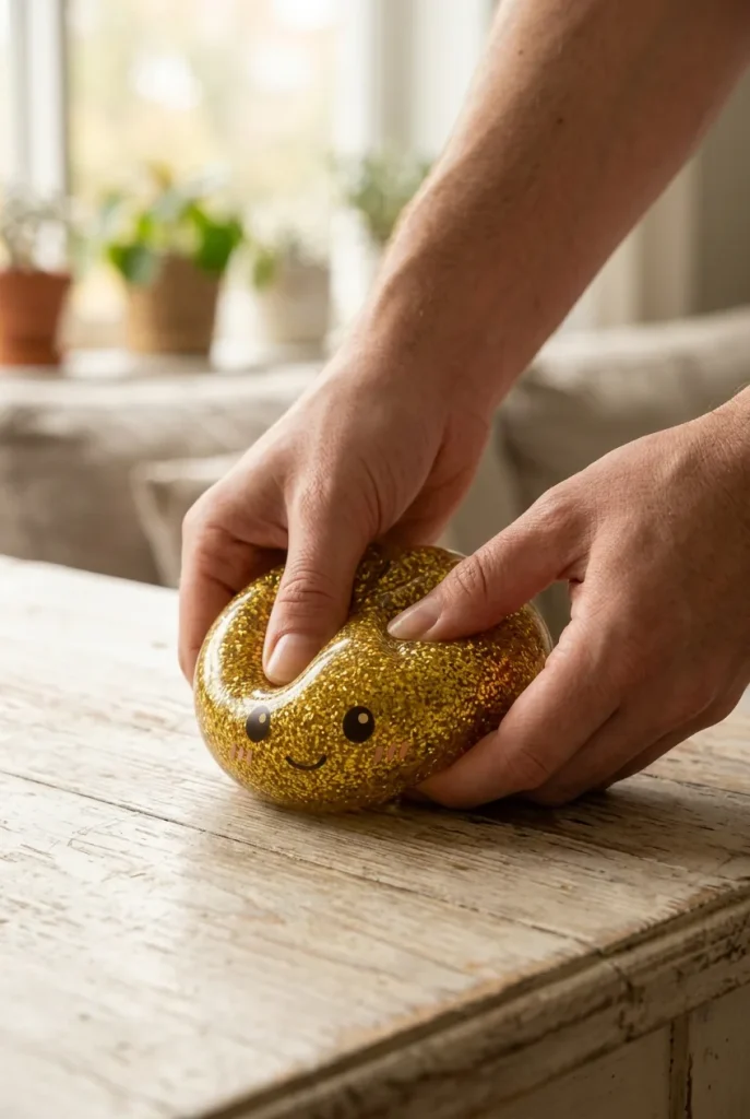 Glitter Dumpling Squishy Gold Luxe tijdens het knijpen