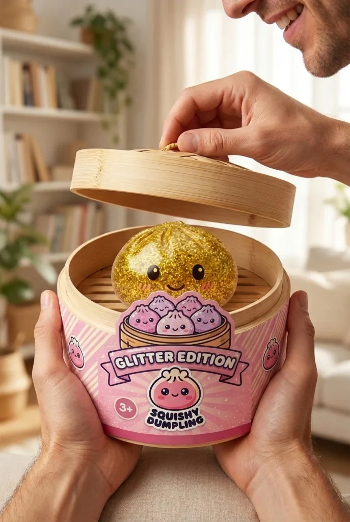 Glitter Dumpling Squishy Gold Luxe tijdens het uitpakken
