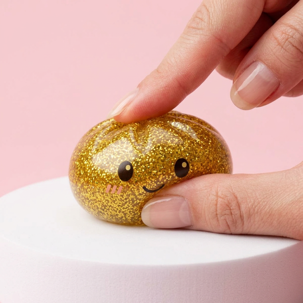 Glitter Dumpling Squishy Gold Luxe tijdens het knijpen, zacht materiaal
