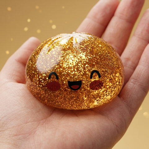 Dumpling Squishy Glitter Or Gouden Unieke Schat in de hand gehouden, echte grootte