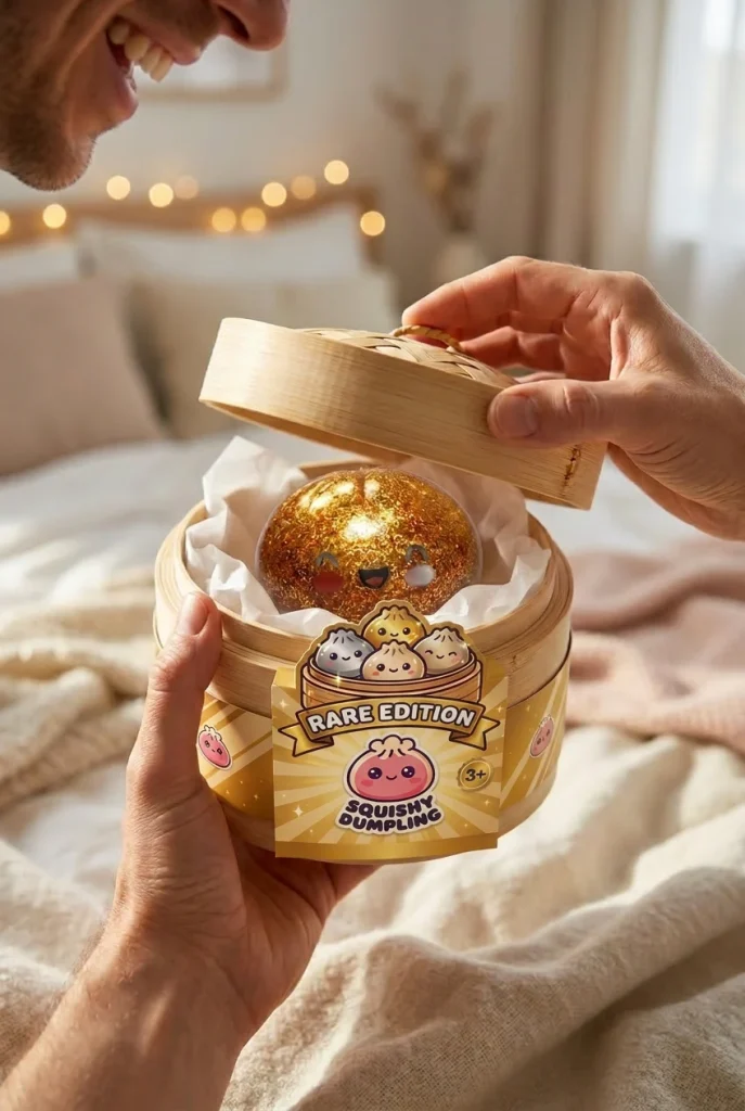 Dumpling Squishy Glitter Or Gouden Unieke Schat tijdens het uitpakken