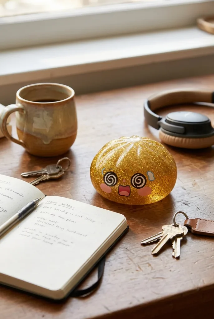 Gold Dumpling Squishy Chance – Gouden Geluksdumpling op het bureau