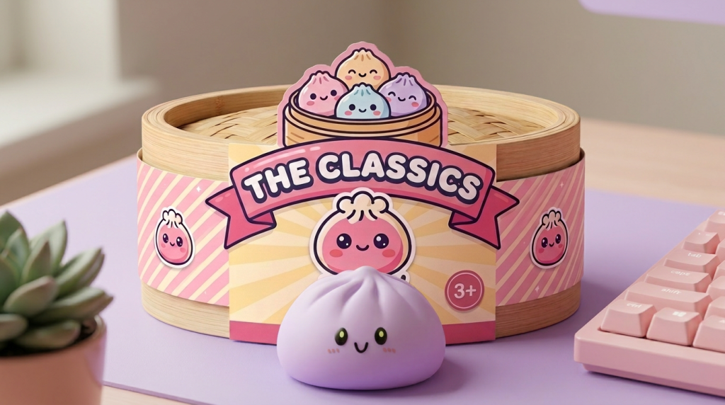 Dumpling Squishy Grijs-Magenta met Bamboe Mandje in zijn kawaii omgeving