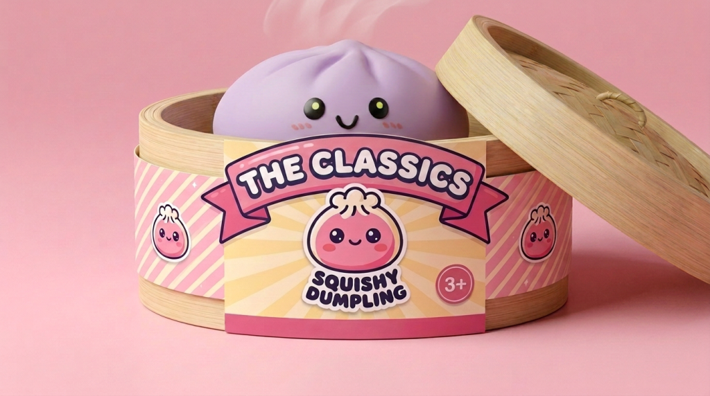 Dumpling Squishy Grijs-Magenta met Bamboe Mandje in het bamboe stoommandje