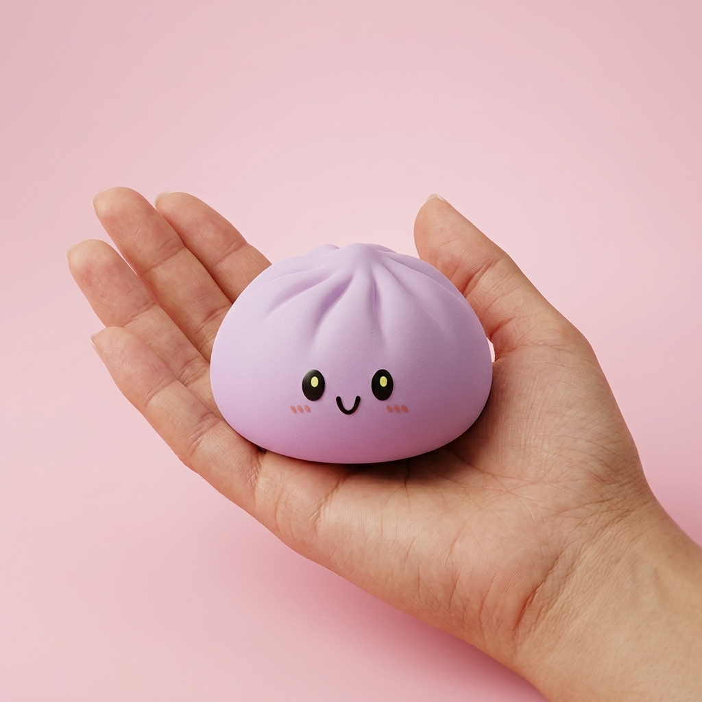 Dumpling Squishy Grijs-Magenta met Bamboe Mandje in de hand gehouden, echte grootte