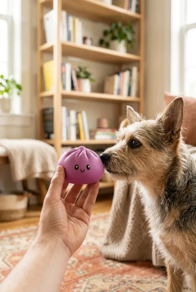 Dumpling Squishy Grijs-Magenta met Bamboe Mandje met een knuffel