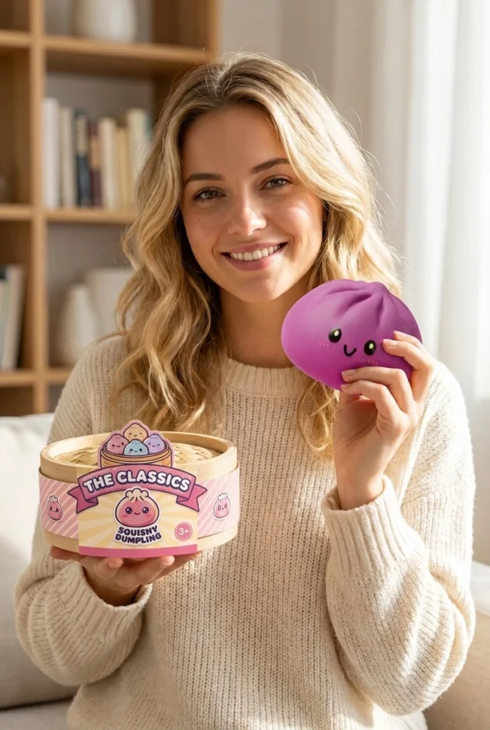 Dumpling Squishy Grijs-Magenta met Bamboe Mandje met zijn doos