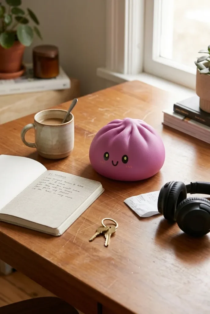 Dumpling Squishy Grijs-Magenta met Bamboe Mandje op het bureau