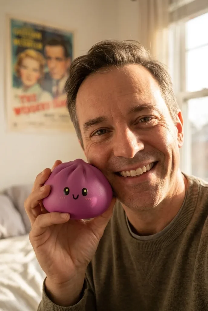 Dumpling Squishy Grijs-Magenta met Bamboe Mandje in het dagelijks leven