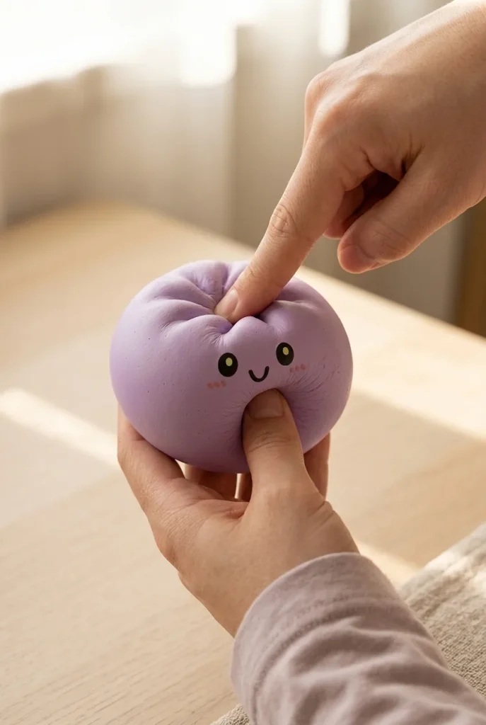 Dumpling Squishy Grijs-Magenta met Bamboe Mandje tijdens het knijpen