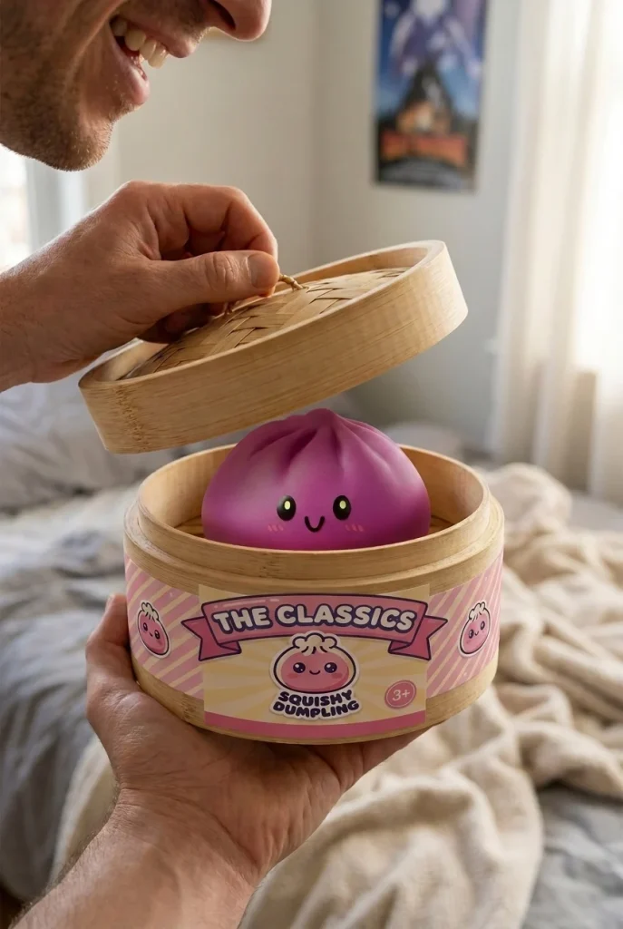 Dumpling Squishy Grijs-Magenta met Bamboe Mandje tijdens het uitpakken