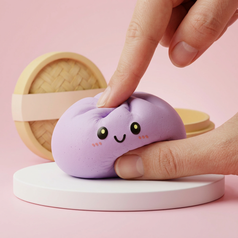 Dumpling Squishy Grijs-Magenta met Bamboe Mandje tijdens het knijpen, zacht materiaal