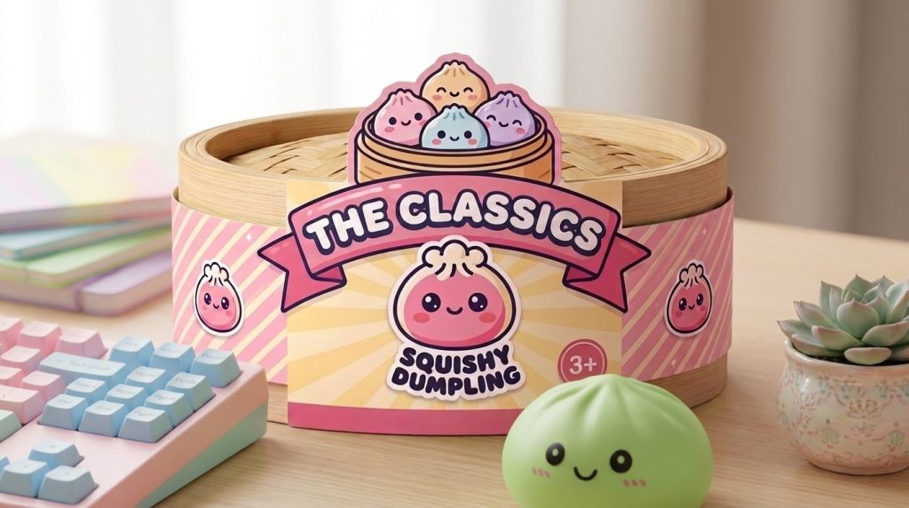 Dumpling Squishy Matcha Groen met Bamboe Mandje in zijn kawaii omgeving