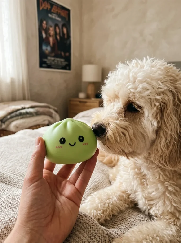 Dumpling Squishy Matcha Groen met Bamboe Mandje met een knuffel