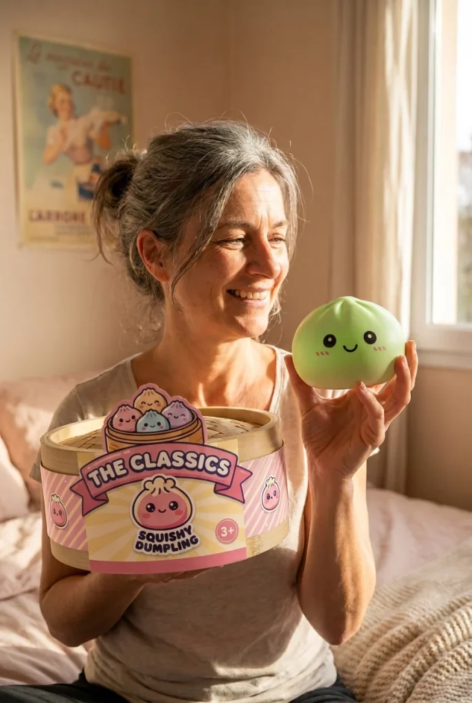Dumpling Squishy Matcha Groen met Bamboe Mandje met zijn doos