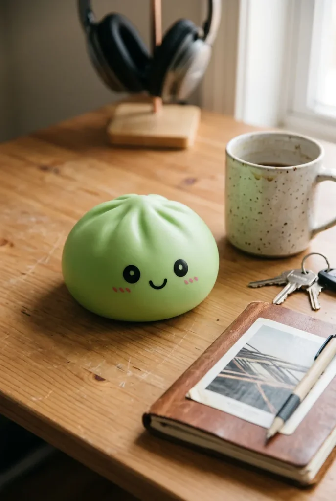 Dumpling Squishy Matcha Groen met Bamboe Mandje op het bureau