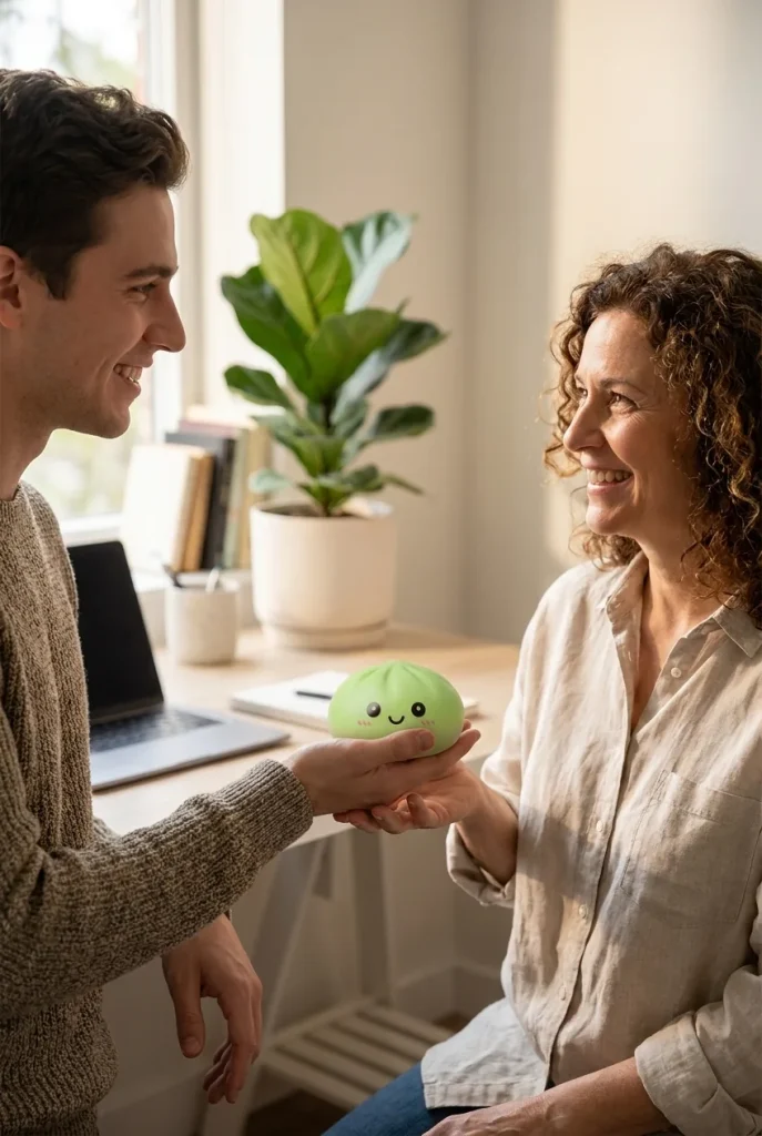 Dumpling Squishy Matcha Groen met Bamboe Mandje als cadeau-idee