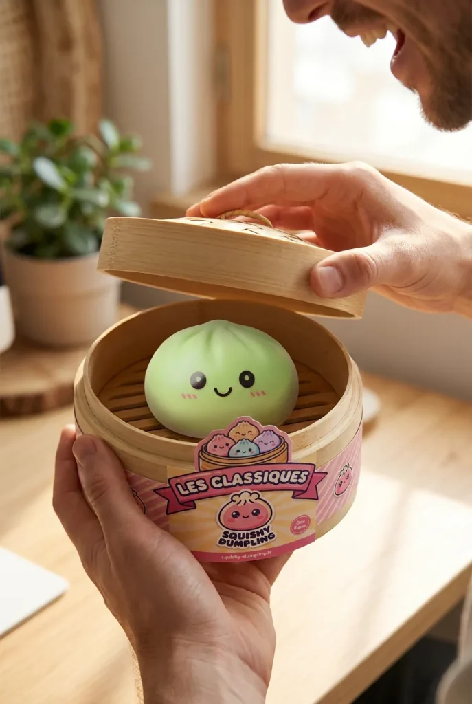 Dumpling Squishy Matcha Groen met Bamboe Mandje tijdens het uitpakken