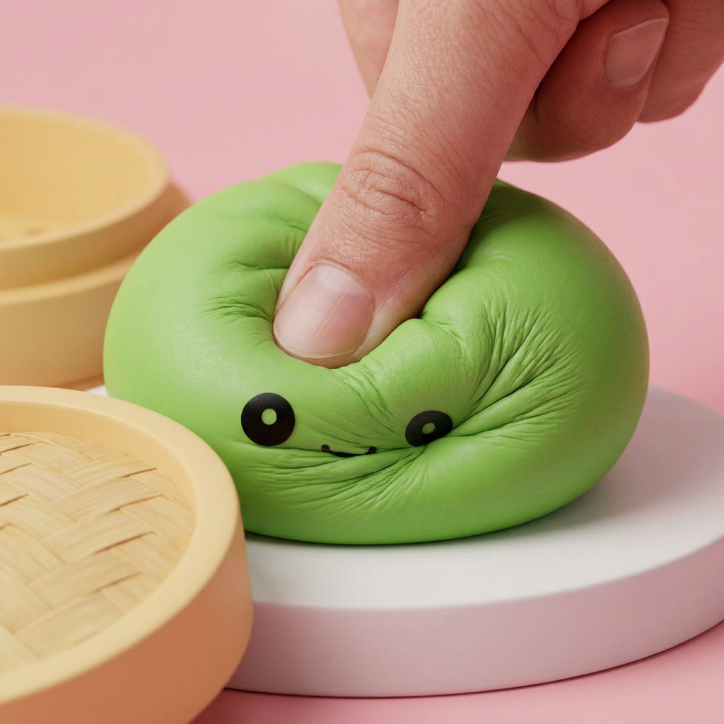 Dumpling Squishy Matcha Groen met Bamboe Mandje — slow-rise effect, het schuim vert langzaam terug
