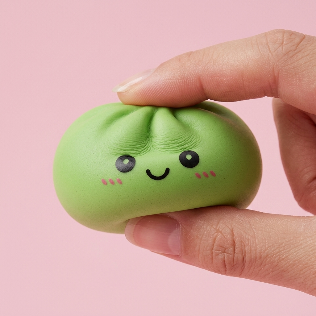 Dumpling Squishy Matcha Groen met Bamboe Mandje tijdens het knijpen, zacht materiaal