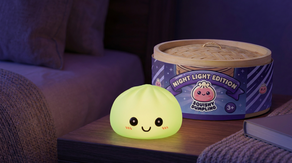 Dumpling Squishy Nachtlampje Groen Lichtgevend in zijn kawaii omgeving