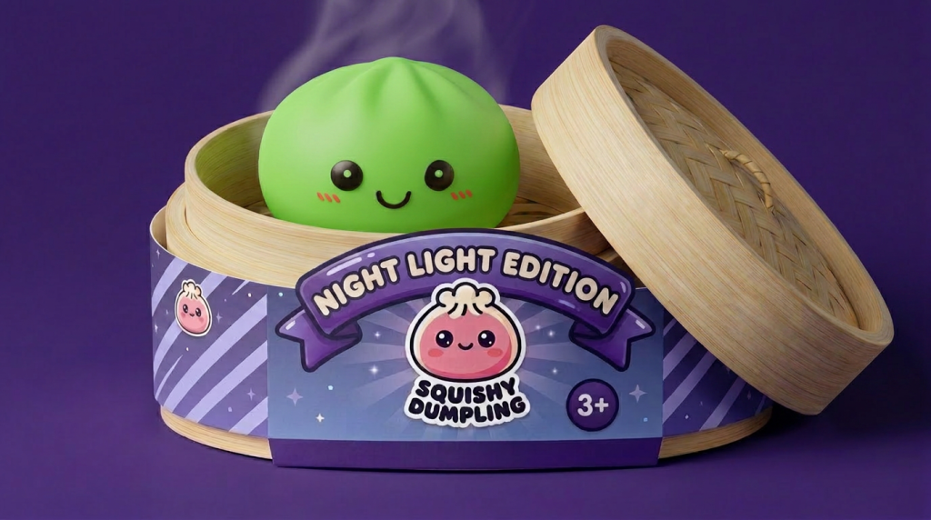 Dumpling Squishy Nachtlampje Groen Lichtgevend in het bamboe stoommandje