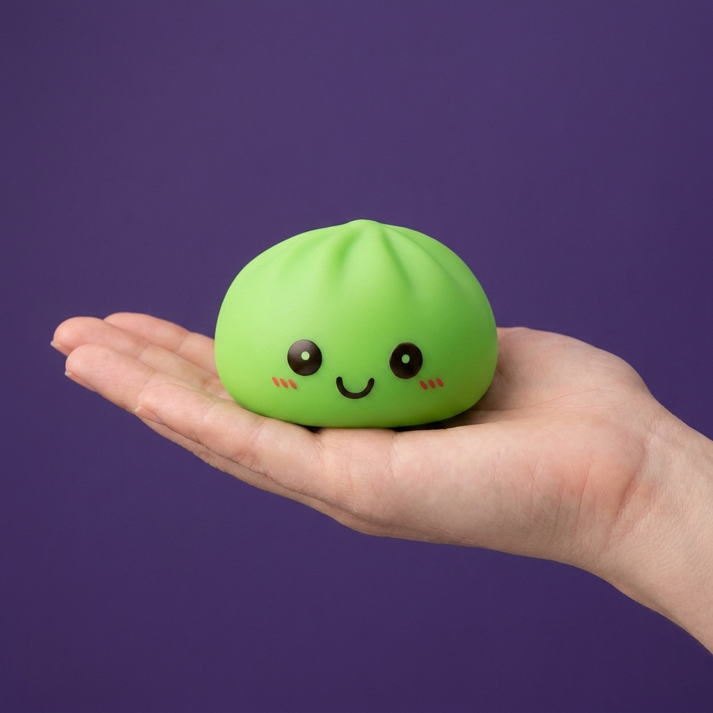 Dumpling Squishy Nachtlampje Groen Lichtgevend in de hand gehouden, echte grootte