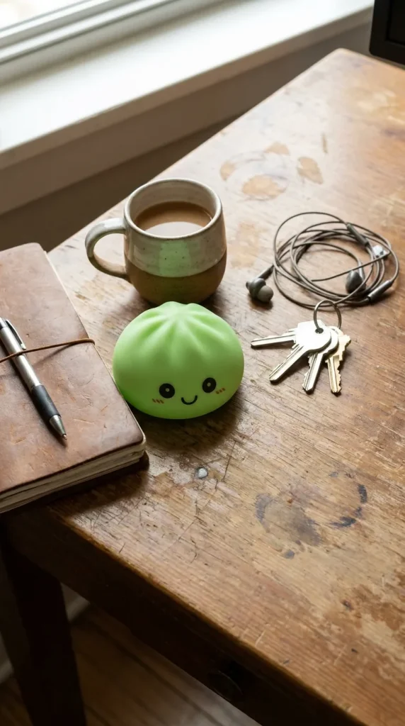 Dumpling Squishy Nachtlampje Groen Lichtgevend op het bureau