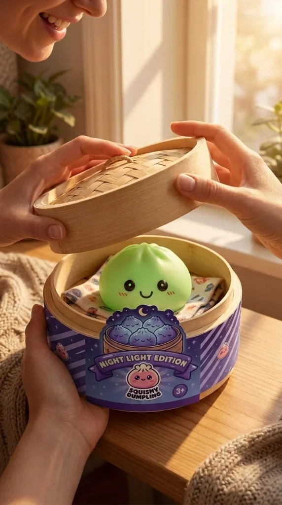 Dumpling Squishy Nachtlampje Groen Lichtgevend tijdens het uitpakken