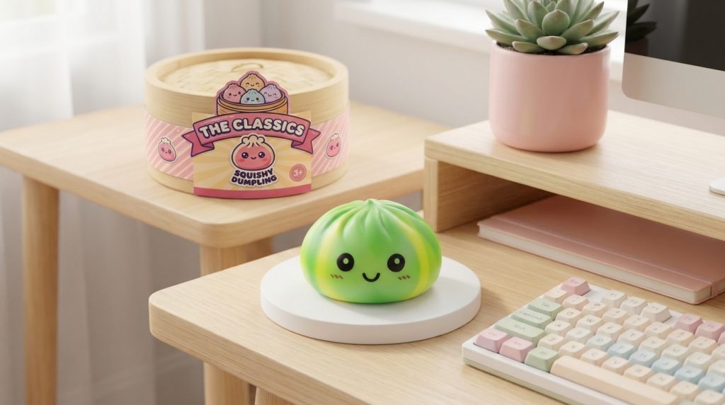 Squishy Dumpling Tie Dye Groen Swirl in zijn kawaii omgeving