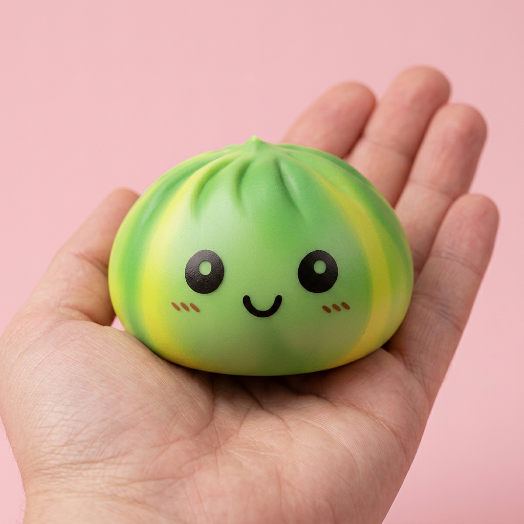 Squishy Dumpling Tie Dye Groen Swirl in de hand gehouden, echte grootte