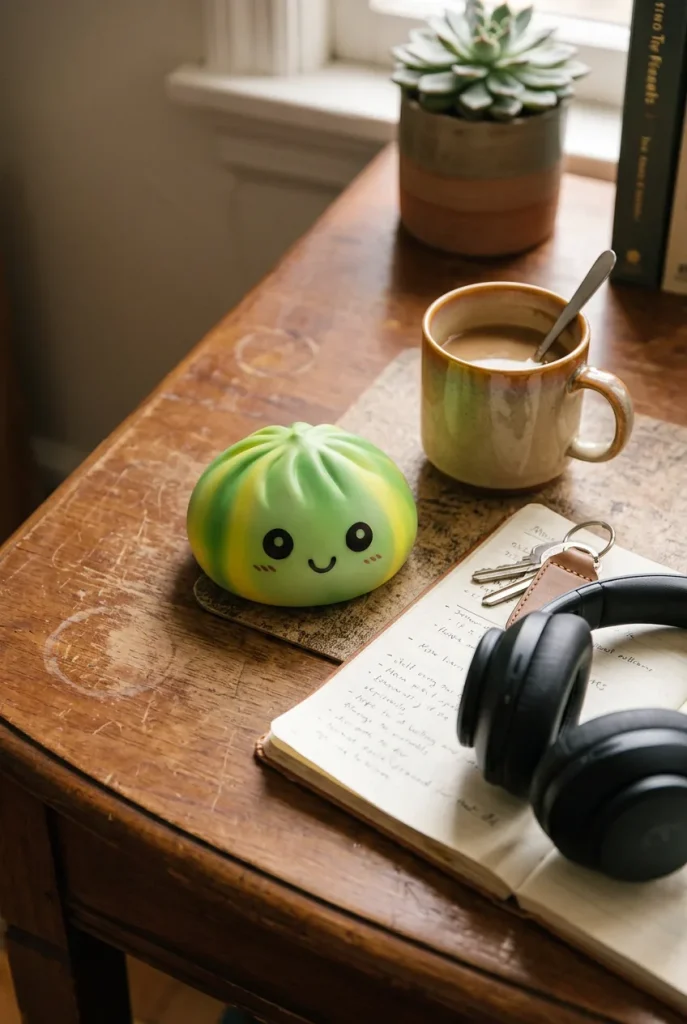 Squishy Dumpling Tie Dye Groen Swirl op het bureau