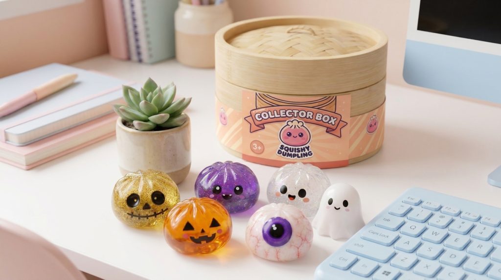 Dumpling Squishy Halloween Set van 5 in zijn kawaii omgeving