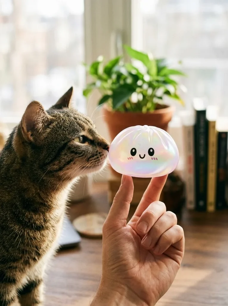 Dumpling Squishy Holographic Iriserend met een knuffel